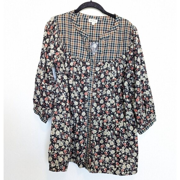 POL Shirt Womens Small Black Floral Tiered Button Up Boho Cottagecore Blouse - Picture 1 of 13